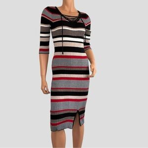 Pink Rose Women’s Rib Knit Midi Dress Lace-up Striped Stretchy Sz S/P Y2K Indie